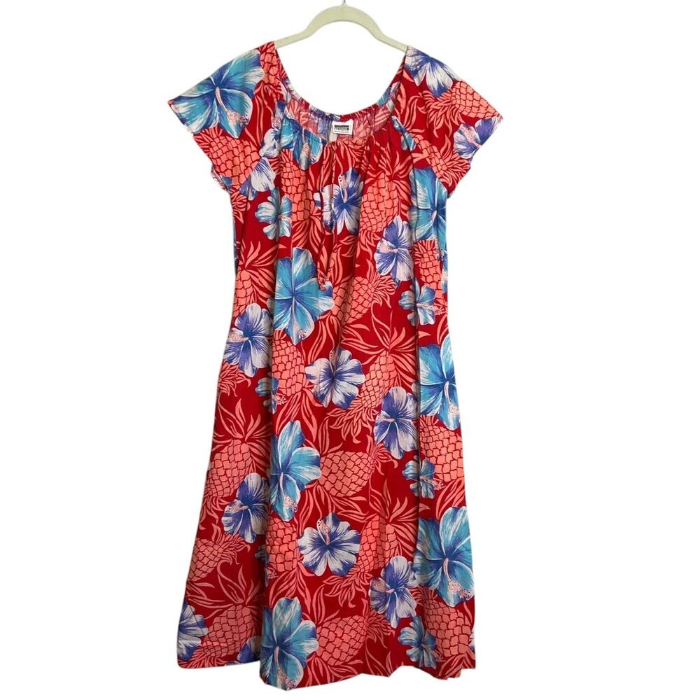 Vintage Montgomery Ward House Dress Muumuu Large Floral Knee Length Red Blue